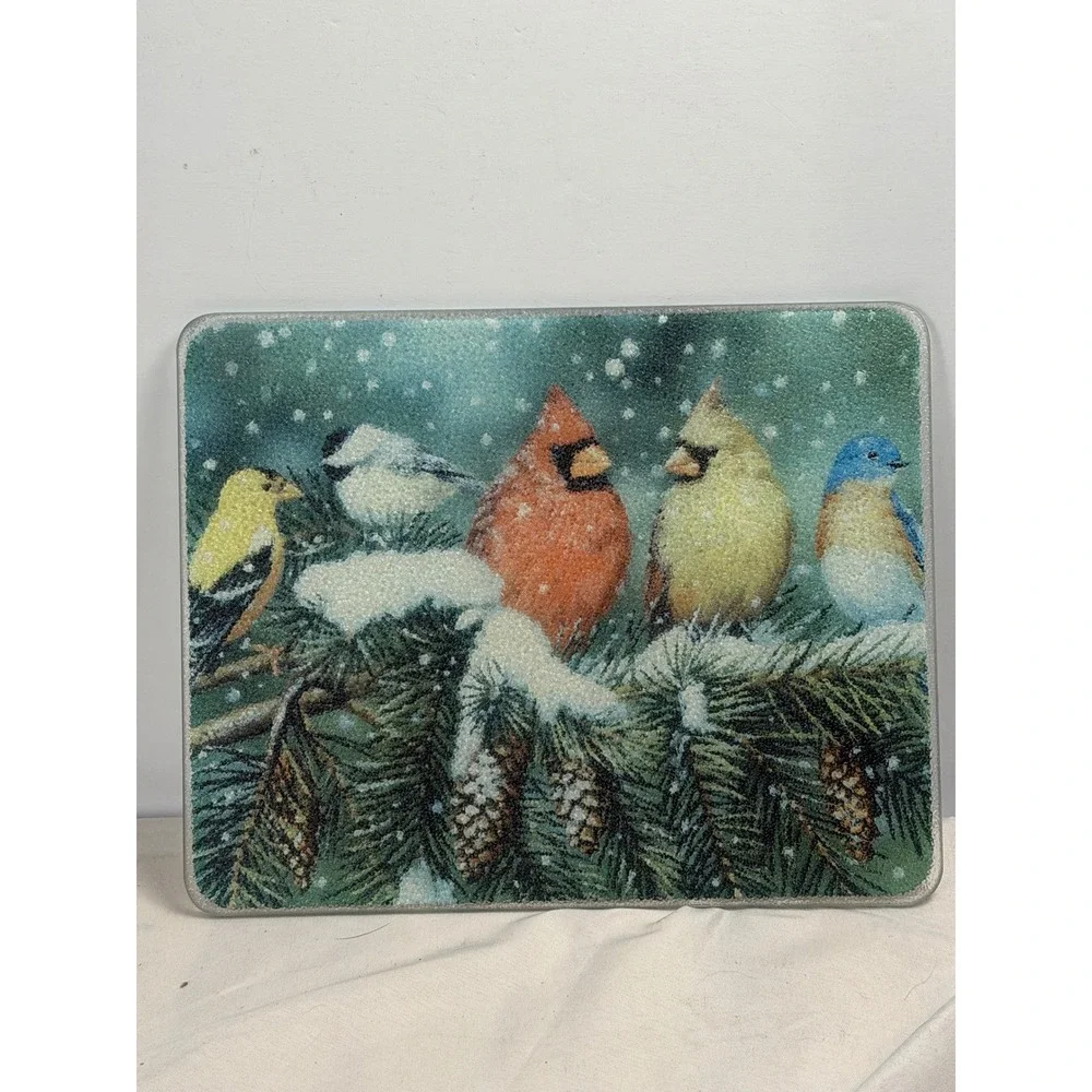 Vintage Winter Birds Glass Cutting Board Cardinal Bluebird Snowy Pine 12x8